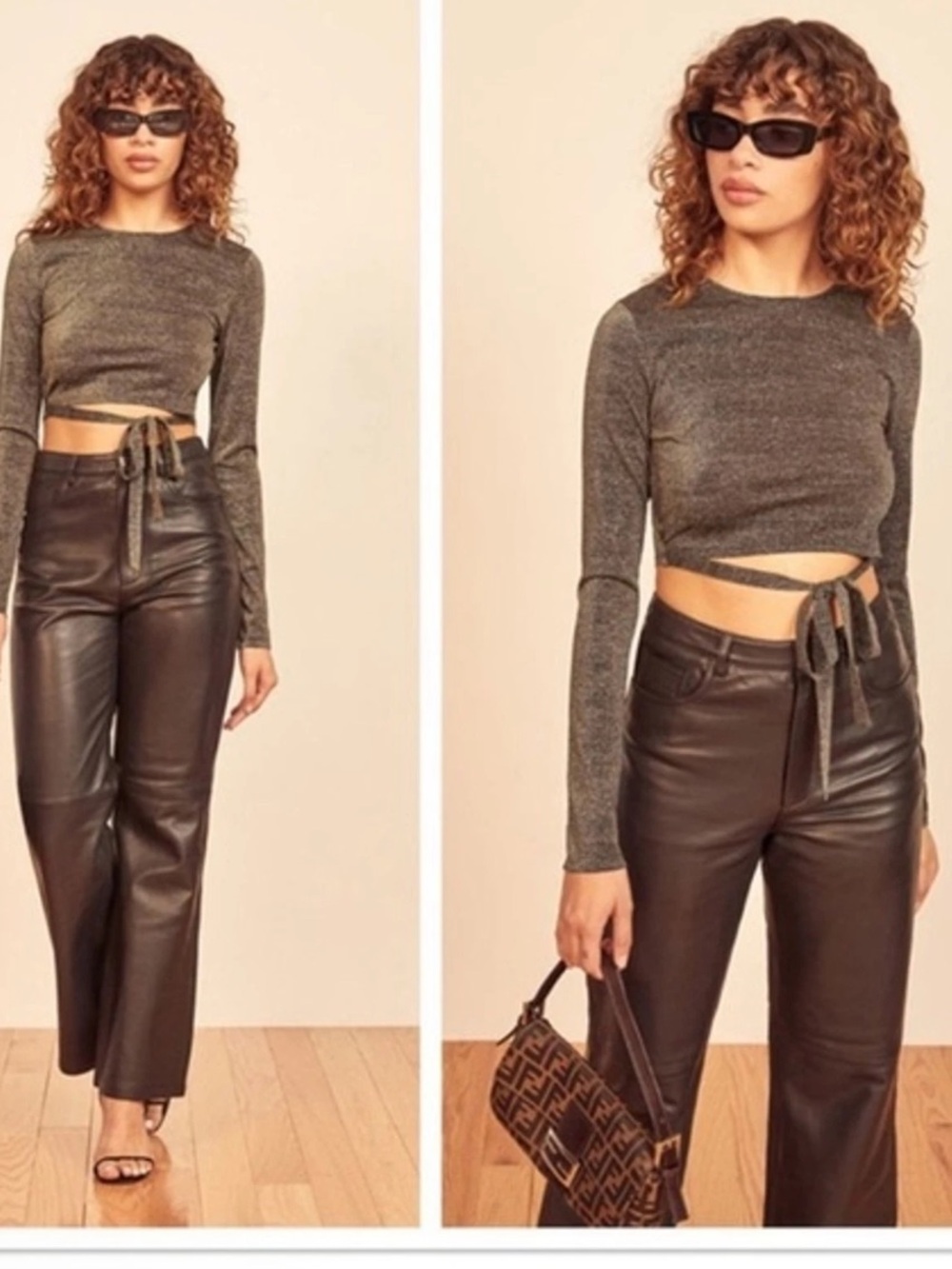 NWOT Reformation Jupiter Metallic Long-Sleeve Tie-Front Crop Top